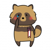 胸にコサージュを付けて泣いているタヌキ