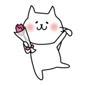 一輪の花を持っている白い猫