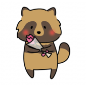 一輪の花を持っているタヌキ