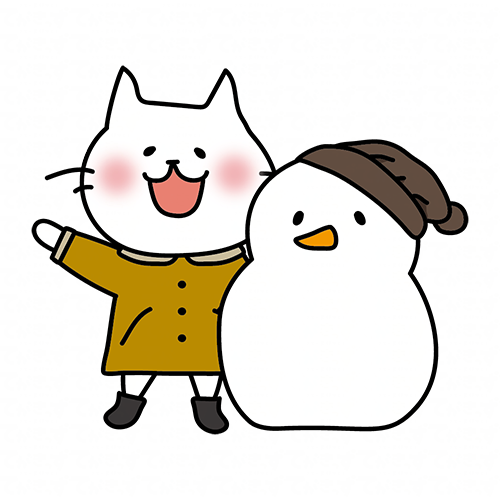 冬服の白い猫と雪だるま