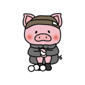 冬服で雪合戦の雪玉をつくるぶた