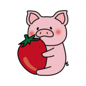 大きな苺を持っているぶた