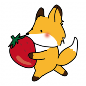 大きな苺を持っているキツネ