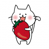 大きな苺を持っている白い猫