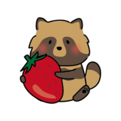 大きな苺を持っているタヌキ