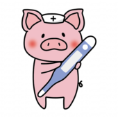 大きな体温計を持っているナースキャップをかぶったぶた