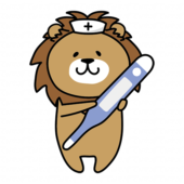 大きな体温計を持っているナースキャップをかぶったライオン