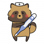 大きな体温計を持っているナースキャップをかぶったタヌキ