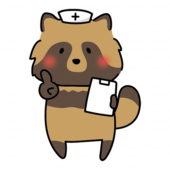 ナースキャップをかぶってアドバイスするタヌキ