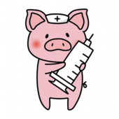 大きな注射器を持っているナースキャップをかぶったぶた