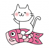 鯉のぼりにまたがる白い猫