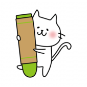 大きなクレヨンを持った白い猫