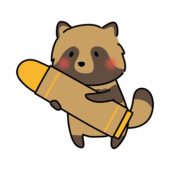 大きなクレヨンを持ったタヌキ