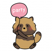 パーティーの風船を持っているタヌキ