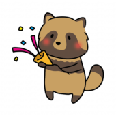 パーティーでクラッカーを鳴らすタヌキ