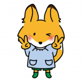 ピースするスモックを着たキツネ