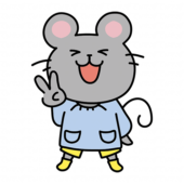 ピースするスモックを着たネズミ