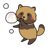 シャボン玉で遊ぶタヌキ