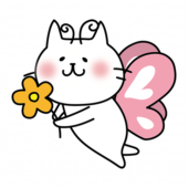 蝶々の格好をしてお花を運んでいる白い猫