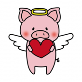 赤いハートを持っている天使の格好をしたぶた