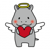 赤いハートを持っている天使の格好をしたカバ