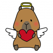 赤いハートを持っている天使の格好をしたカピバラ