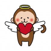 赤いハートを持っている天使の格好をした猿