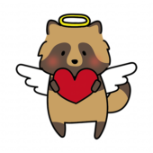 赤いハートを持っている天使の格好をしたタヌキ