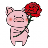 大きなカーネーションを持っているぶた