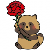 大きなカーネーションを持っているタヌキ