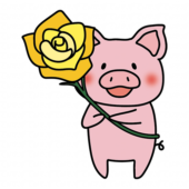 黄色い大きなバラを持っているぶた