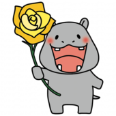 黄色い大きなバラを持っているカバ