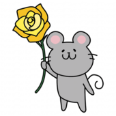 黄色い大きなバラを持っているネズミ