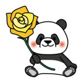 黄色い大きなバラを持っているパンダ