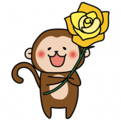 黄色い大きなバラを持っている猿