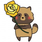 黄色い大きなバラを持っているタヌキ