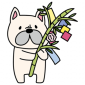 七夕飾りの付いた笹を持っているフレンチブルドッグ