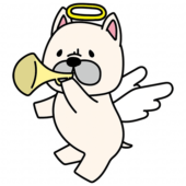 ラッパを吹いている天使の格好をしたフレンチブルドッグ