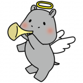 ラッパを吹いている天使の格好をしたカバ