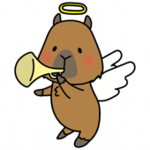ラッパを吹いている天使の格好をしたカピバラ