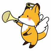 ラッパを吹いている天使の格好をしたキツネ