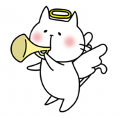 ラッパを吹いている天使の格好をした白い猫