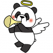 ラッパを吹いている天使の格好をしたパンダ