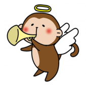 ラッパを吹いている天使の格好をした猿