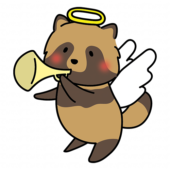 ラッパを吹いている天使の格好をしたタヌキ