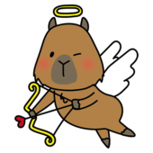ハートの弓矢を引いている天使の格好をしたカピバラ