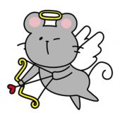 ハートの弓矢を引いている天使の格好をしたネズミ