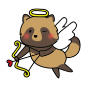 ハートの弓矢を引いている天使の格好をしたタヌキ