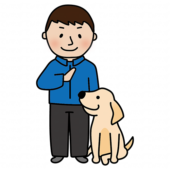 男性ドッグトレーナーと待てをするたれ耳わんちゃん