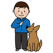 男性ドッグトレーナーと待てをする立ち耳わんちゃん